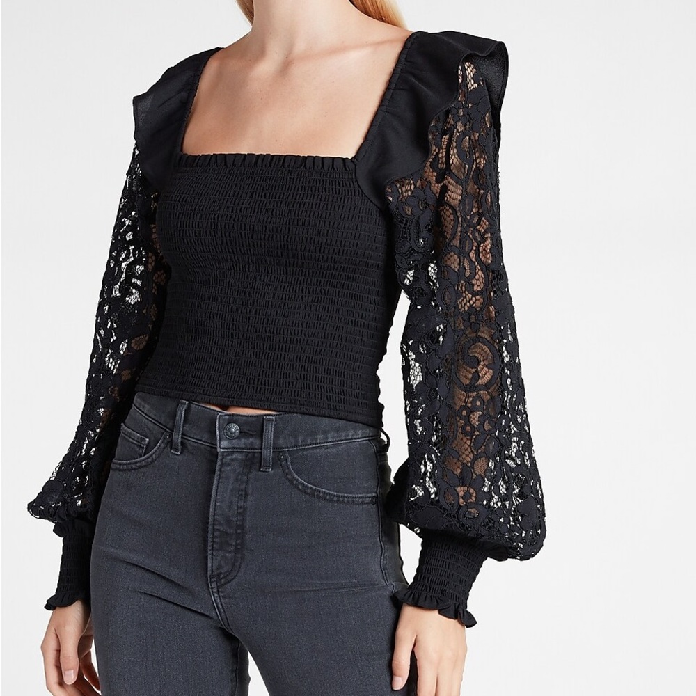 Express Smocked Lace Sleeve Square Neck Top
